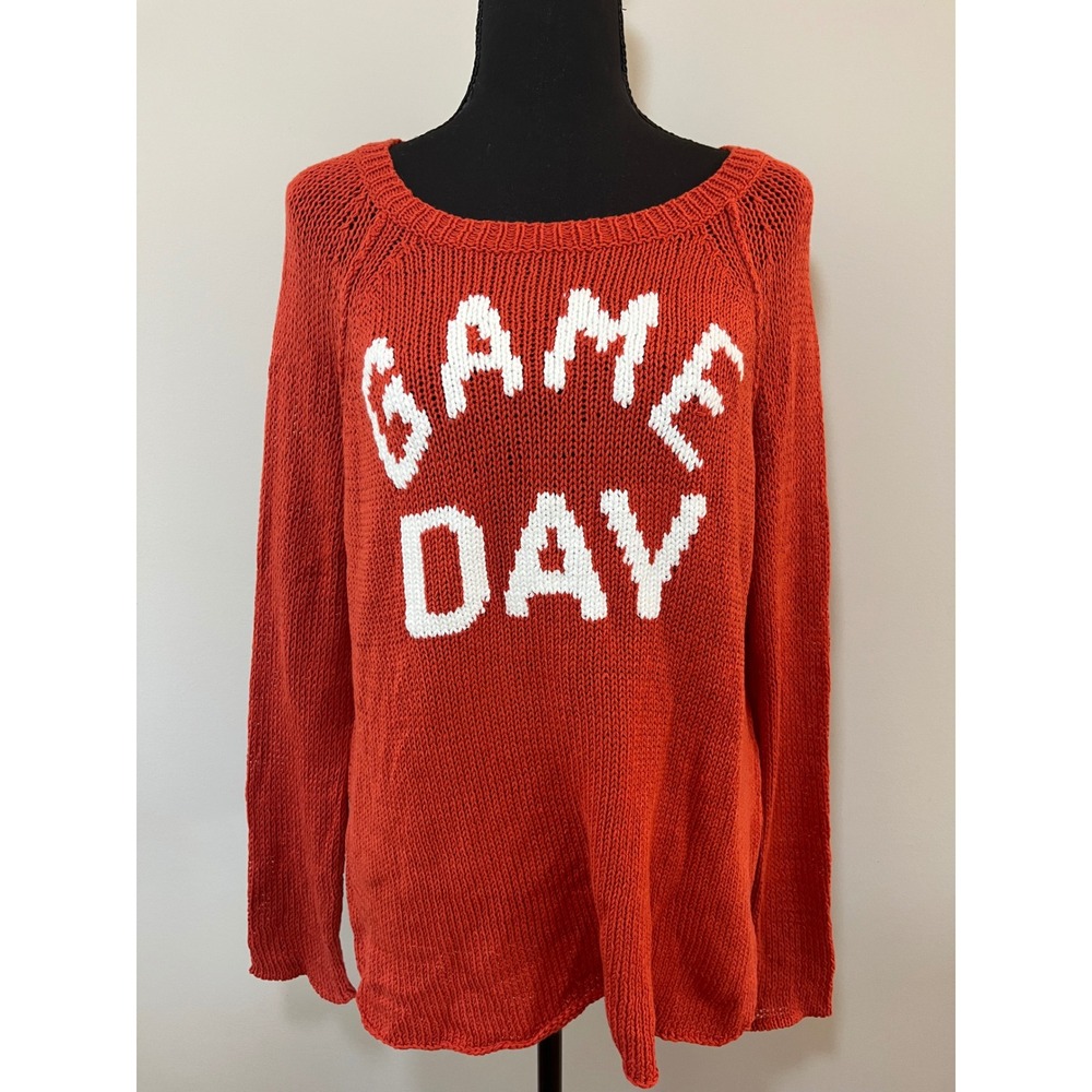 Wooden Ships NWT Game Day Cotton Knit Sweater Maple‎ Orange White M/L Tailgate